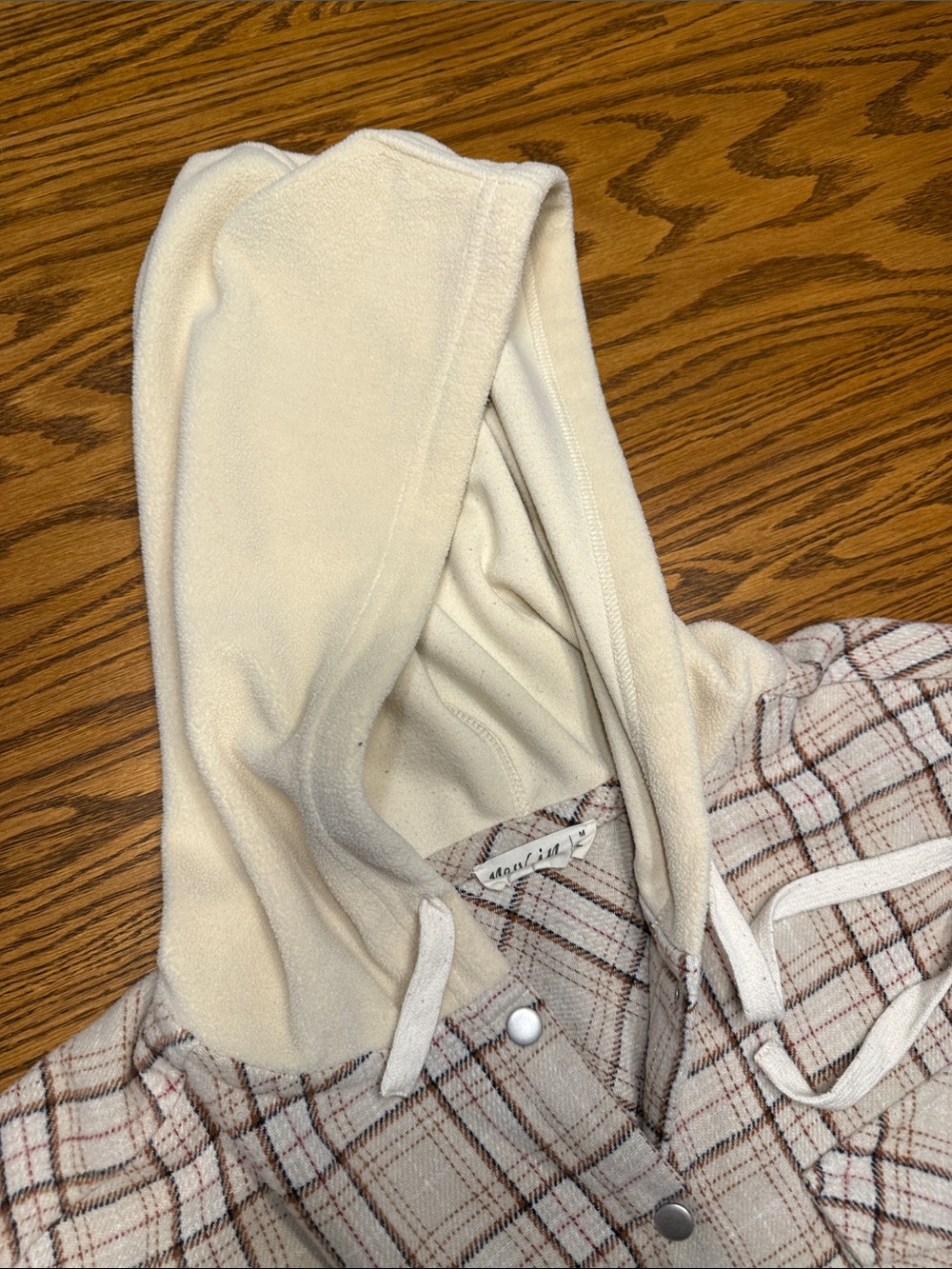 Plaid Hooded Snap-Front Shirt Jacket in Cream - Picture 4 of 6